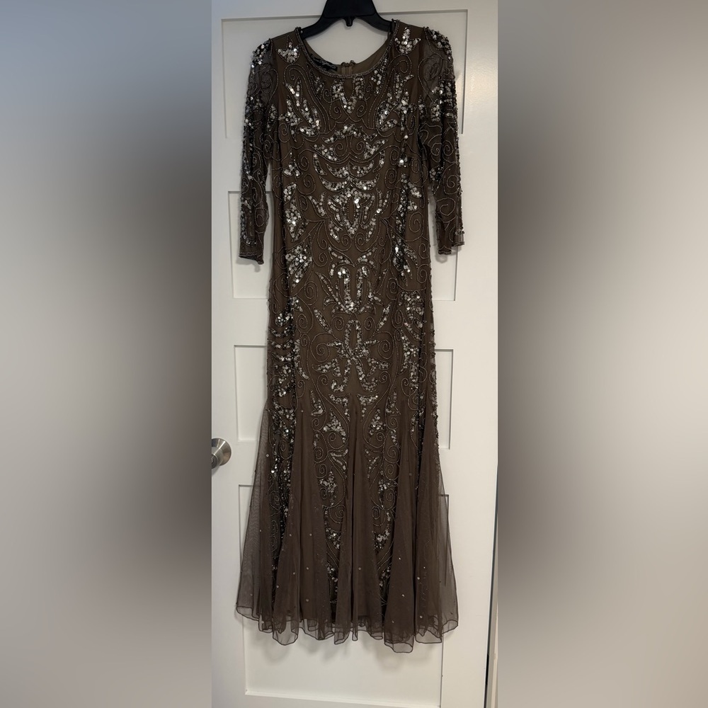 Pisarro Nights Taupe Beaded Long-Sleeve Evening Gown - Picture 5 of 10